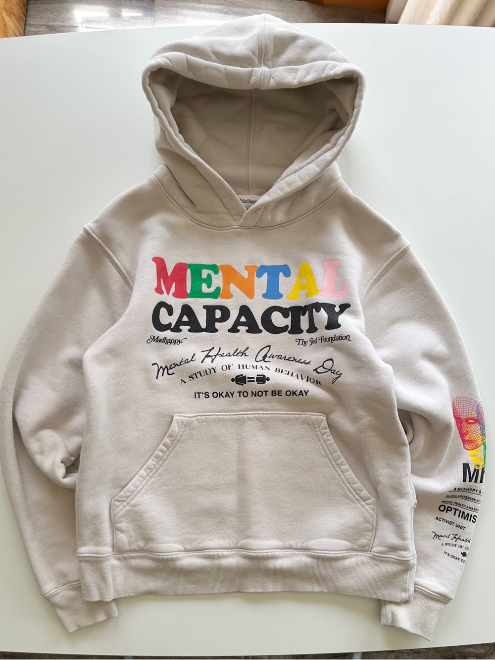 Rare MADHAPPY Jed Foundation Mental Capacity Rainbow Heritage Beige Hoodie XS - Picture 2 of 14